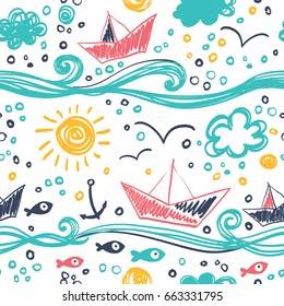 Seamless pattern in the concept of children's drawings. Seamless pattern with ships, fish, sun, clouds, sea and waves.