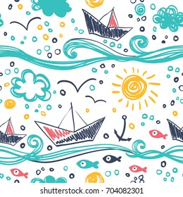 Seamless pattern in the concept of children's drawings. Seamless pattern with ships, fish, sun, clouds, sea and waves.