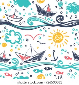 Seamless pattern in the concept of children's drawings. Seamless pattern with ships, fish, sun, clouds, sea and waves.