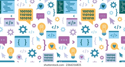 Seamless pattern with Concept of computer programming languages or developing software, cartoon style. Information technologies and computer engineering. Modern vector illustration on white, flat