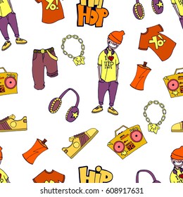Seamless pattern concept of hip-hop. Graffiti wall rap template. Vector image. Printed publications, posters, videos, mobile applications, web sites and print projects.