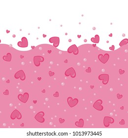 Seamless pattern concept of Love Potion. Flying hearts card. Simple design. Hearts love seamless background. Vector background. Love elixir background with hearts and bubles. Chemistry of love.