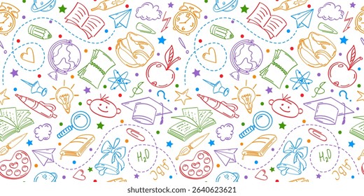 Seamless pattern with conceptual pictograms on the theme of education, contour drawings by hand. Suitable for covers, wrapping paper, backgrounds.