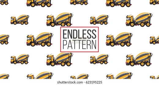 Seamless pattern with concrete hauler. Inspired by variety of road, building machinery. Vector background for decoration for children's room, invitations, website, mobile app.