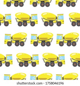 Seamless pattern with concrete mixer isolated on a white background as a background for printing on textile or fabric. Stock vector flat illustration with a heavy car or car with a tank for boys