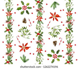 Seamless pattern with cone, fir branches, Holly, poinsettia, caramel cane, mistletoe. Traditional christmas symbols. Vector hand drawing illustration. For festive design, fabrics, Wallpapers