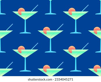 Seamless pattern with a cone glass for vermouth. Alcoholic cocktail with a straw and a slice of orange. Gradient colors. Design for bar menus, advertising materials and banners. Vector illustration