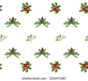 Seamless pattern with cone, Holly, poinsettia, caramel cane, mistletoe. Traditional christmas symbols. Vector hand drawing illustration. For festive design, fabrics, Wallpapers, greeting cards