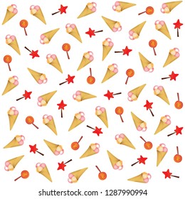 Seamless pattern of a cone with ice cream and lollipops for menu design, banners, summer cafes, leaflets and flyers, textiles, napkins, wallpaper, wrapping paper, fabrics, clothes.