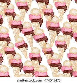 Seamless pattern with cone ice cream. Hand drawn sketch elements in decorative fashion style. Bakery, ice-cream dessert inspired illustration.