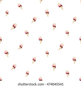 Seamless pattern with cone ice cream with vanilla, berry and chocolate. Hand drawn sketch elements in decorative fashion style. Bakery, ice-cream dessert inspired illustration.