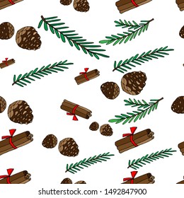 Seamless pattern Cones, fir branches, cinnamon tubes on white background. For textile, packaging, box, cardboard, packaging paper. 
Cartoon style. Vector