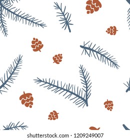 Seamless pattern with cones and fur tree branches. Hand drawn pine vector illustrations. Winter background with Christmas tree for fabric, invitations, greeting cards, paper, posters, prints. 