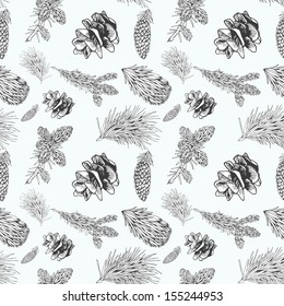 Seamless pattern with cones and fur-tree branches, monochrome