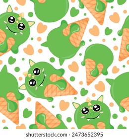 seamless pattern with cones with green ice cream and animal print, namely dragon face and waffle cone, for design, packaging or advertising