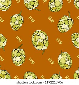 Seamless pattern with cones of hops and lettering on a brown background. Vector illustration