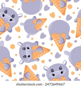 seamless pattern with cones with ice cream and animal print, namely hippo face and waffle cone, for design, packaging or advertising