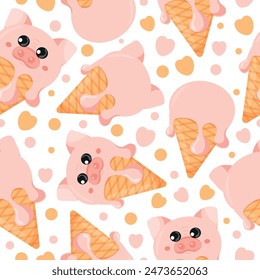 seamless pattern with cones with pink ice cream and animal print, namely pig face and waffle cone, for design, packaging or advertising