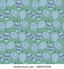 Seamless pattern with cones for wrapping paper, surface design, smm, video-conferencing in green. Christmas, New Year, winter holidays concept in Scandinavian, Nordic, hygge style