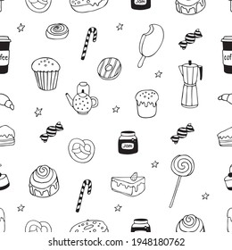 Seamless pattern of confectionery and beverages. Doodle icons, vector.