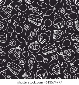 Seamless pattern with confectionery. Candy, lollipops, muffins, pie, cake with berries, cake in the glaze. Line drawing. Vector illustration.