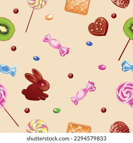 Seamless pattern of confectionery. Delicious and sweet background. Candy land. Chocolate and baked goods. Vector background in cartoon style.