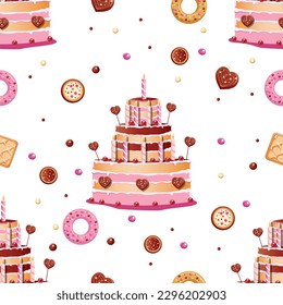 Seamless pattern of confectionery. Delicious and sweet background. Candy land. Chocolate and baked goods. Vector background in cartoon style.