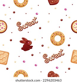 Seamless pattern of confectionery. Delicious and sweet background. Candy land. Chocolate and baked goods. Vector background in cartoon style.