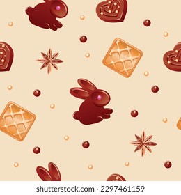 Seamless pattern of confectionery. Delicious and sweet background. Candy land. Chocolate and baked goods. Vector background in cartoon style.