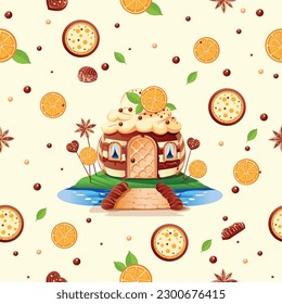 Seamless pattern of confectionery. Delicious and sweet background. Candy land. Chocolate and baked goods. Vector background in cartoon style.