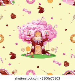 Seamless pattern of confectionery. Delicious and sweet background. Candy land. Chocolate and baked goods. Vector background in cartoon style.