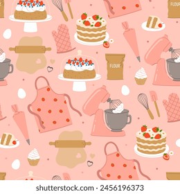 Seamless pattern of confectionery preparation items. Vector graphics.