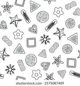 Seamless pattern of confectionery shapes, black and white outline, cookies, candies, stars, hearts, and swirls.