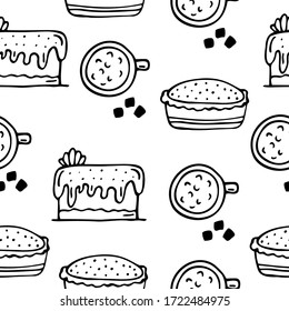 Seamless pattern confectionery, sweets on a white background. Doodle, simple outline illustration. It can be used for decoration of textile, paper and other surfaces.