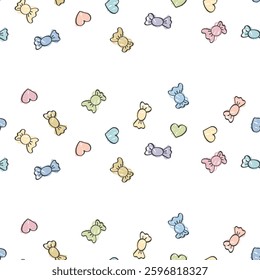 Seamless pattern with confetti of candies and hearts on a white background. Vector illustration in simple childish hand drawn style.