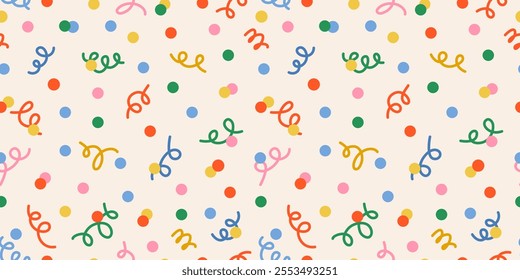 Seamless pattern of confetti and dots on a light background. New year confetti white backdrop. Christmas background. Perfect for festive celebrations, ads, cards, and wrapping paper. Carnaval Party.