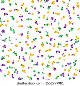 Seamless pattern with confetti in Mardi Gras colors. Carnival background for traditional holiday or festival.