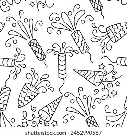 Nahtloses Muster Konfetti Party Popper, festliches Baumwoll-Button auf weißem Hintergrund. Vektorillustration