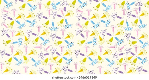 Seamless pattern confetti party popper, festive cotton button on white background. Vector illustration