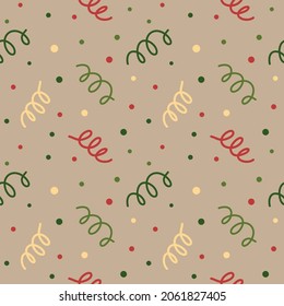 Seamless pattern with confetti and polka dot. Vector illustration of pattern on kraft paper. Pattern for Christmas, Birthday, New Year and another celebration.