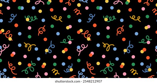 Seamless pattern of confetti and polka dots on a black background. New year dark backdrop. Christmas backdrop. Perfect for festive celebrations, ads, cards, and wrapping paper. Carnaval Party.