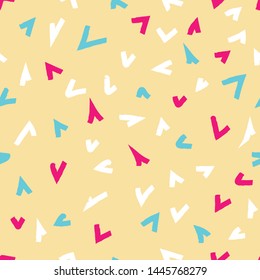 Seamless pattern with confetti splash, vintage, retro colors. Suitable for print, web, banner, poster, invitation, postcard. Burst of colorful triangles. 80's inspired background.