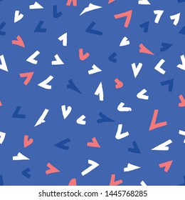 Seamless pattern with confetti splash, vintage, retro colors. Suitable for print, web, banner, poster, invitation, postcard. Burst of colorful triangles. 80's inspired background.