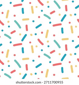 Padrão contínuo com polvilhas de confete. Aniversário pastel pequeno traço fundo. Ilustração vetorial lúdica com textura de repetição simples bonito para impressão de allover, design de festa ou plano de fundo do chuveiro do bebê.