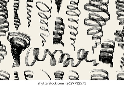 Seamless pattern confetti wavy, curly brush stroke. Black brush drawn thick ribbons. Hand drawn bold squiggles. Basic curly lines, festive confetti strokes, celebrate, party, surprise seamless pattern