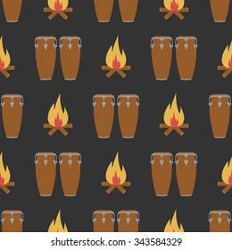 Seamless pattern with conga and bonfire