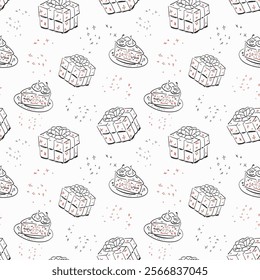 Seamless pattern. With a congratulatory box and a piece of cake. Sketch style drawing on a white background
