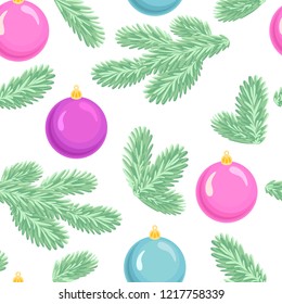 Seamless pattern with conifer branches and Christmas balls on a white background. Vector color light illustration in cartoon flat style.