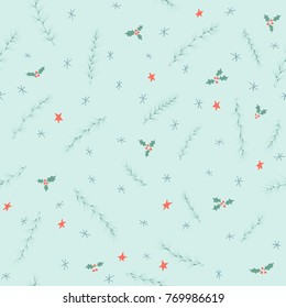 Seamless pattern with conifer branches, stars and snowflakes