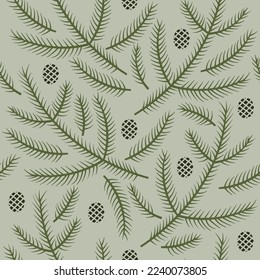 Seamless pattern with coniferous branches and cones. Evergreen twigs background.